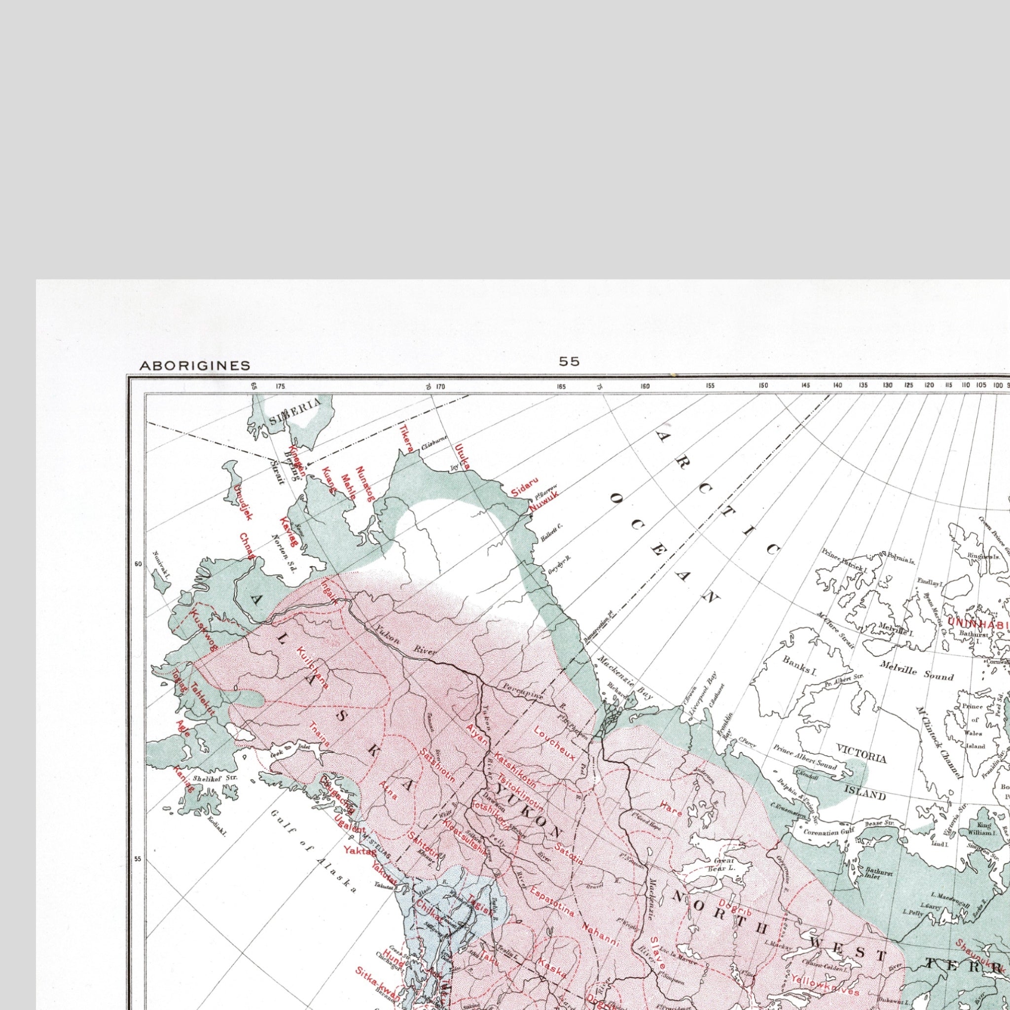 Ureinwohner Nordamerikas | Alaska | Grönland | Kanada | 1915 | Vintage Map