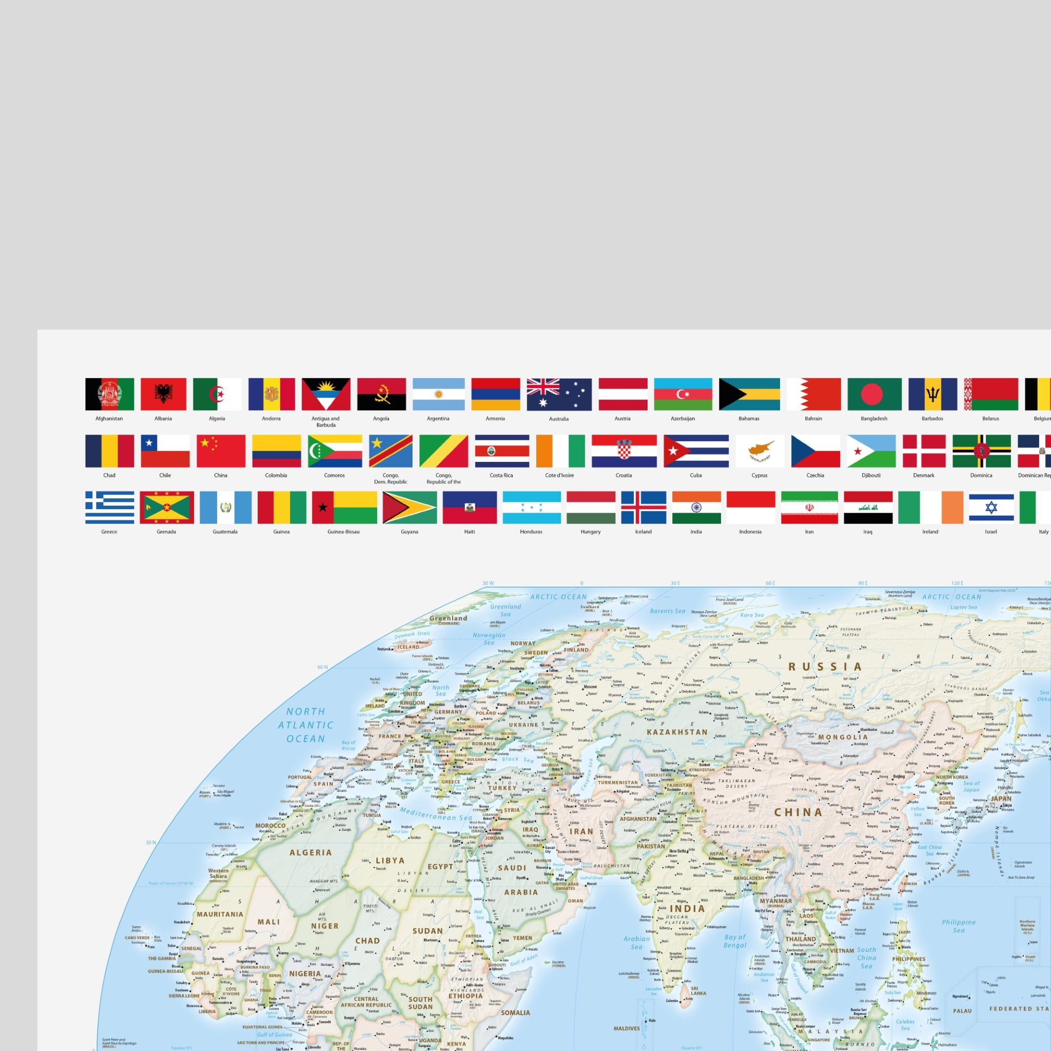 World Map Political, Meridian 150 Degrees East, Australia and East Asia, Equal Earth Projection, World, Map, Earth, Poster, Cartography