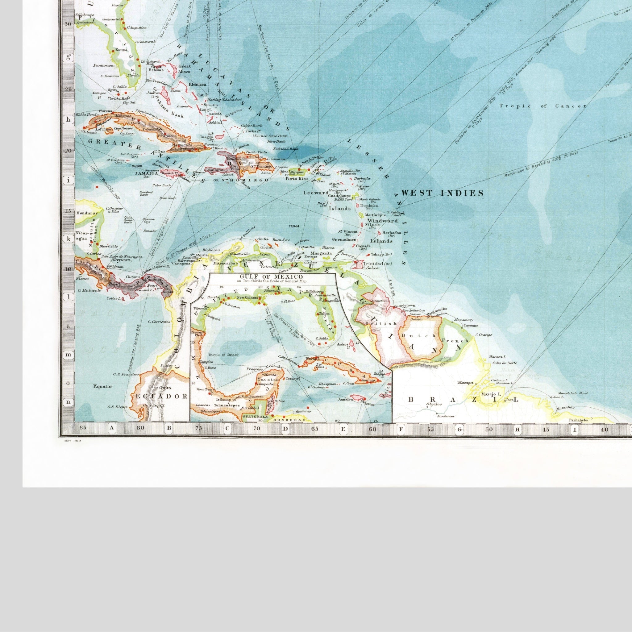 North Atlantic – Relief Map | Physical Map with Deep-Sea Contours | 1912