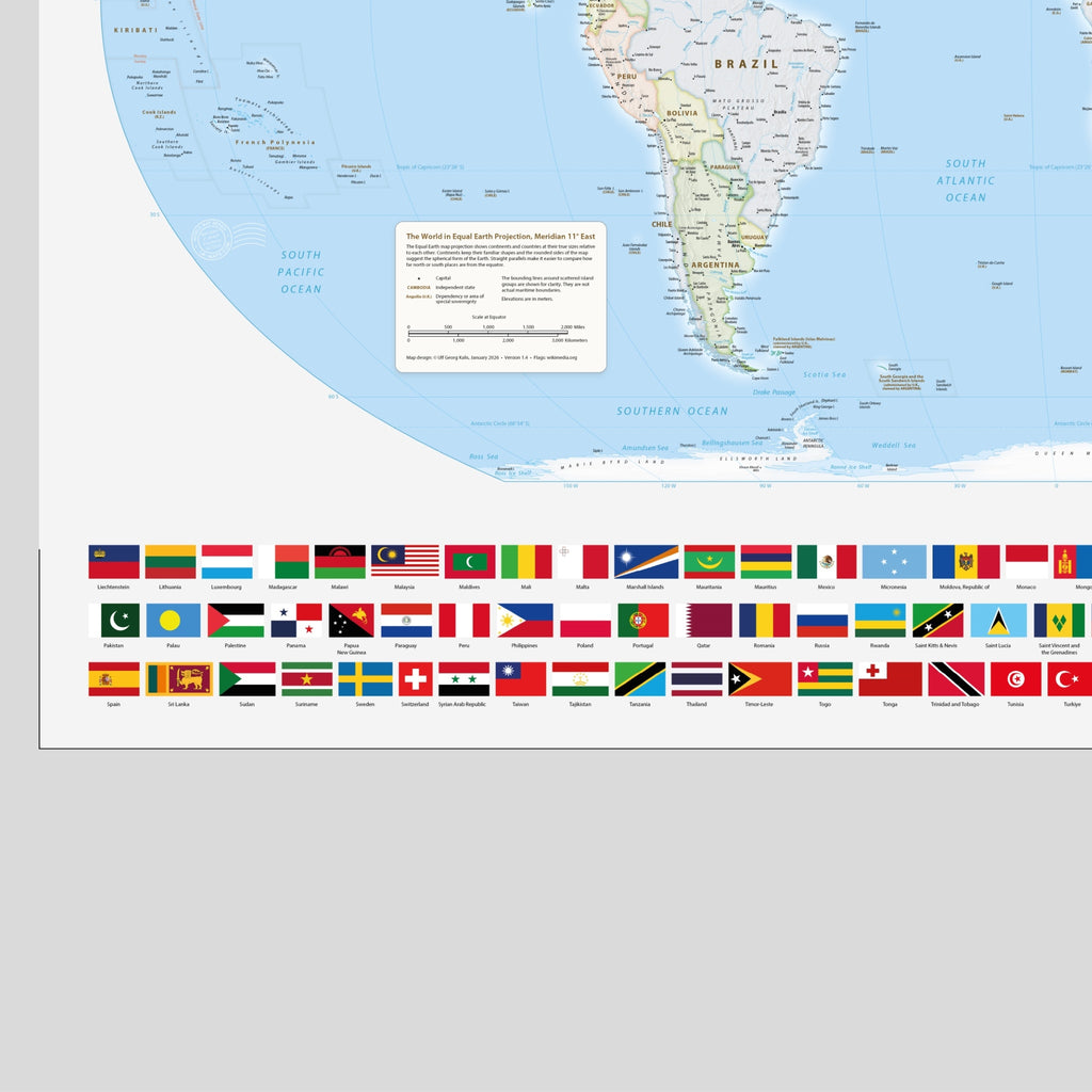 World map, meridian 11 degrees east Florence, Equal Earth projection, world, map, Earth, poster, cartography