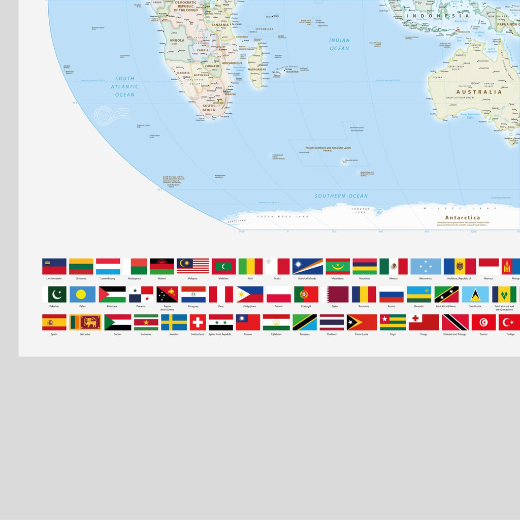World Map Political, Meridian 150 Degrees East, Australia and East Asia, Equal Earth Projection, World, Map, Earth, Poster, Cartography