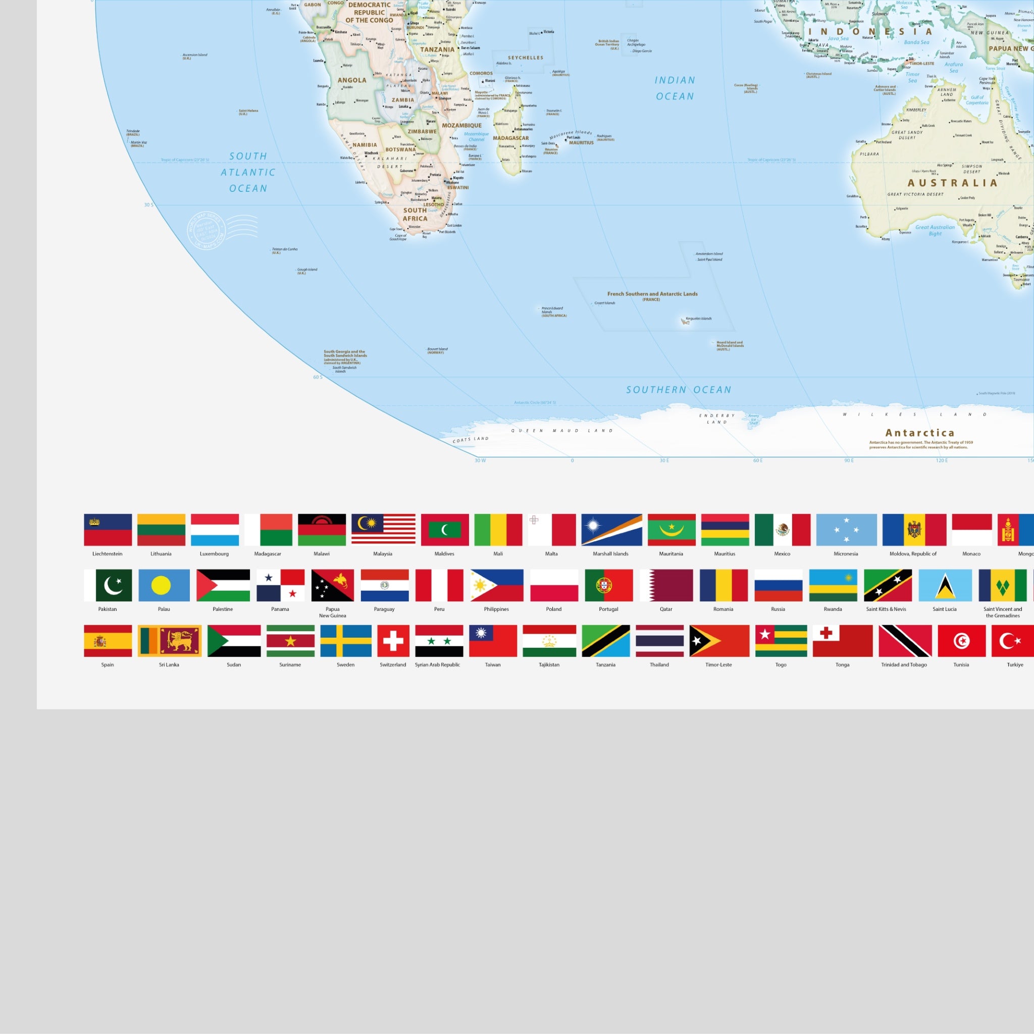 World Map Political, Meridian 150 Degrees East, Australia and East Asia, Equal Earth Projection, World, Map, Earth, Poster, Cartography