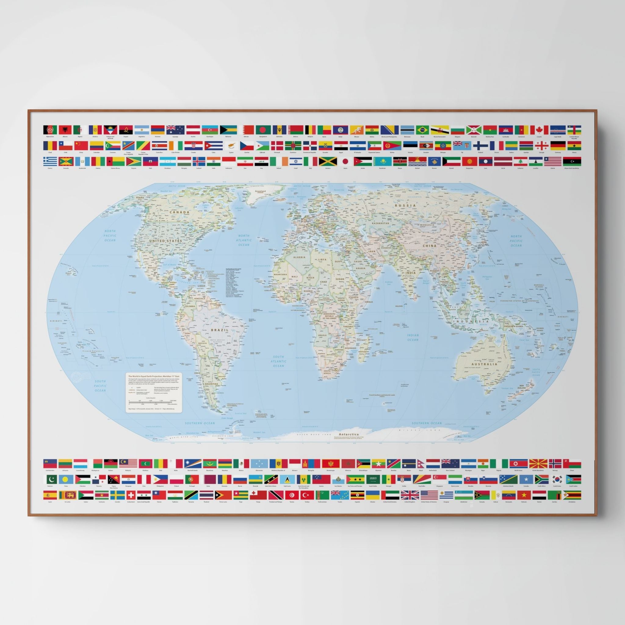 World map, meridian 11 degrees east Florence, Equal Earth projection, world, map, Earth, poster, cartography