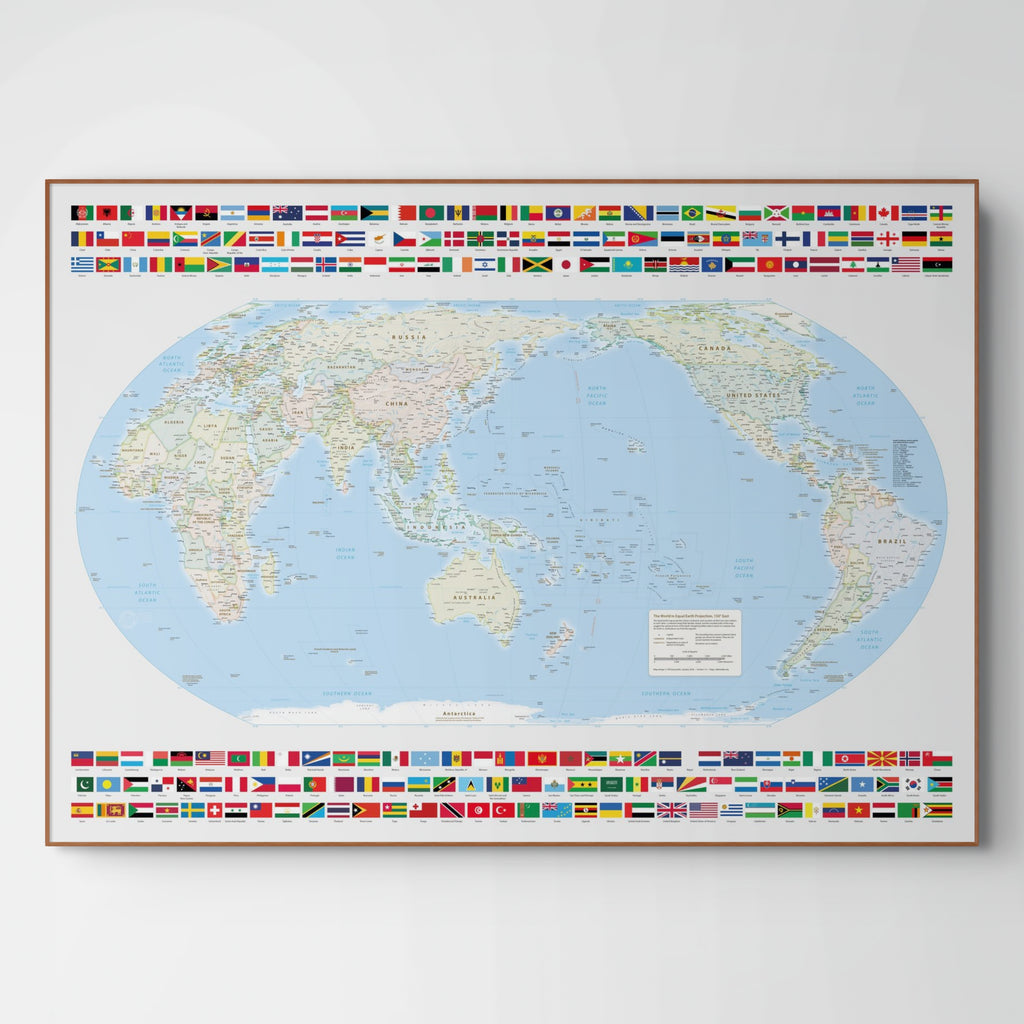 World Map Political, Meridian 150 Degrees East, Australia and East Asia, Equal Earth Projection, World, Map, Earth, Poster, Cartography