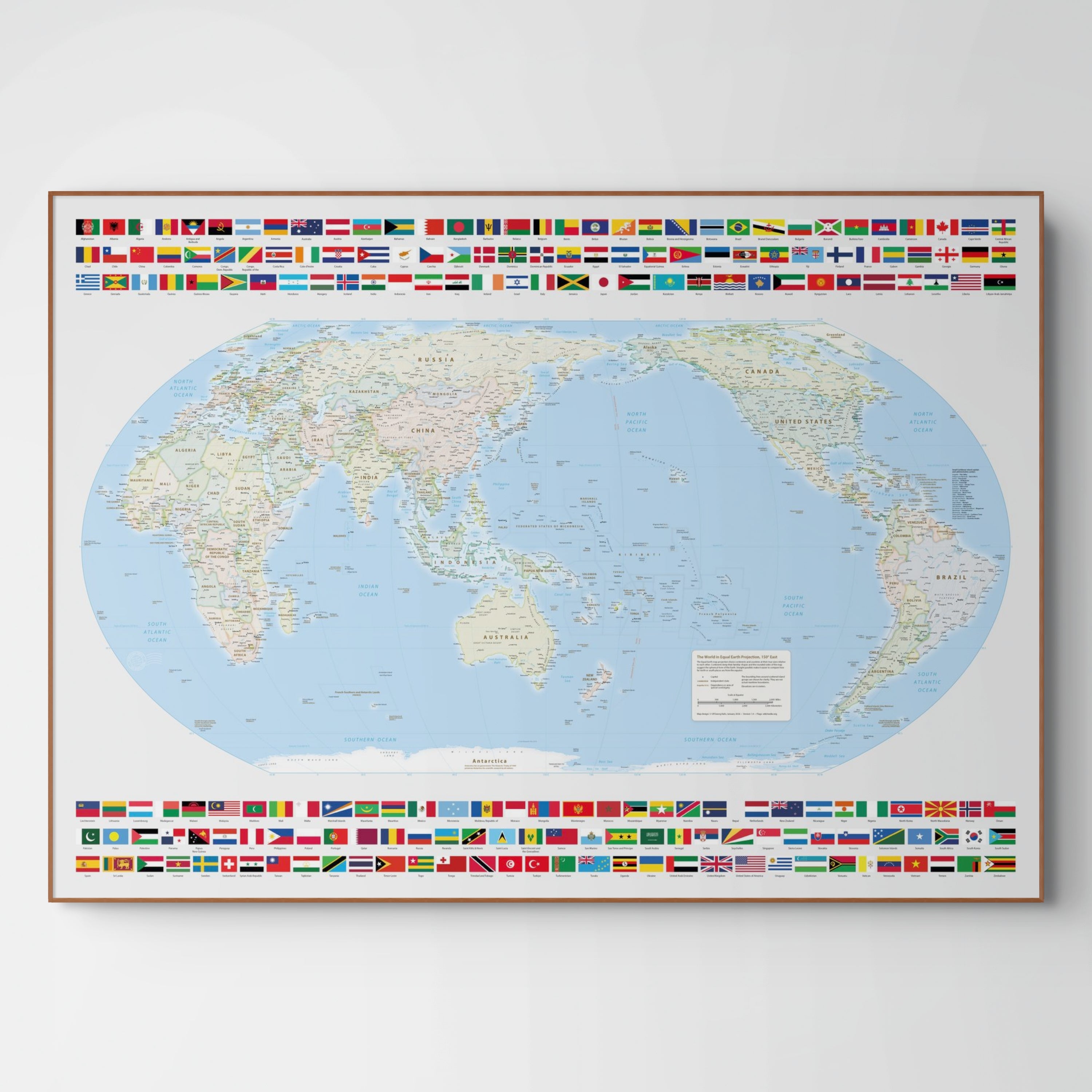 World Map Political, Meridian 150 Degrees East, Australia and East Asia, Equal Earth Projection, World, Map, Earth, Poster, Cartography