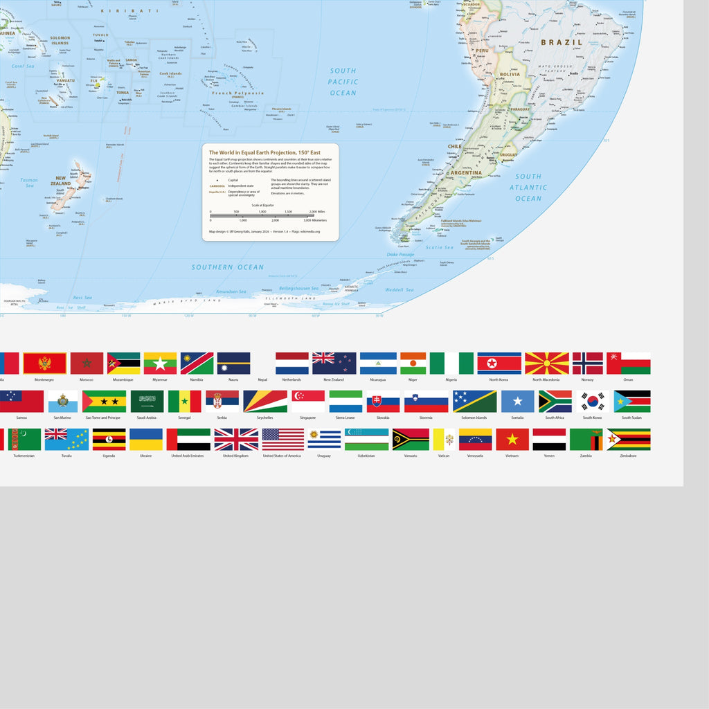World Map Political, Meridian 150 Degrees East, Australia and East Asia, Equal Earth Projection, World, Map, Earth, Poster, Cartography