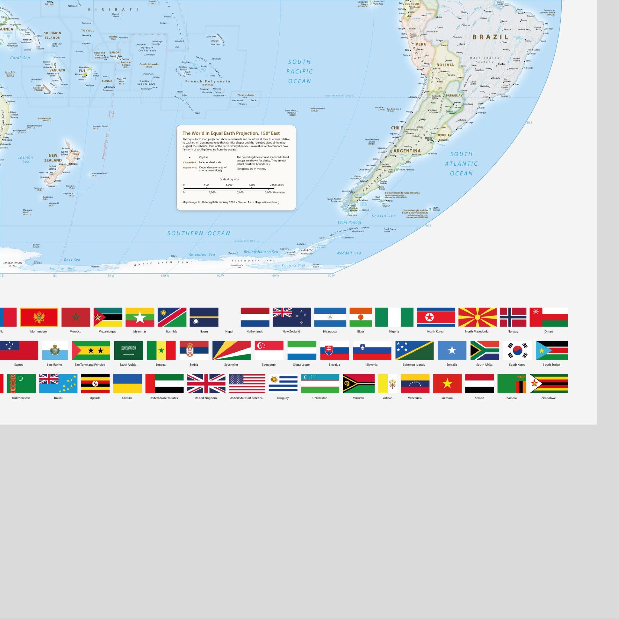 World Map Political, Meridian 150 Degrees East, Australia and East Asia, Equal Earth Projection, World, Map, Earth, Poster, Cartography