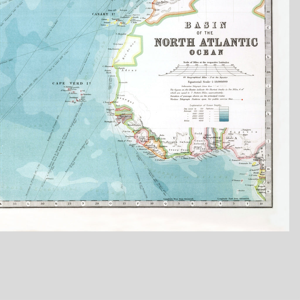 North Atlantic – Relief Map | Physical Map with Deep-Sea Contours | 1912