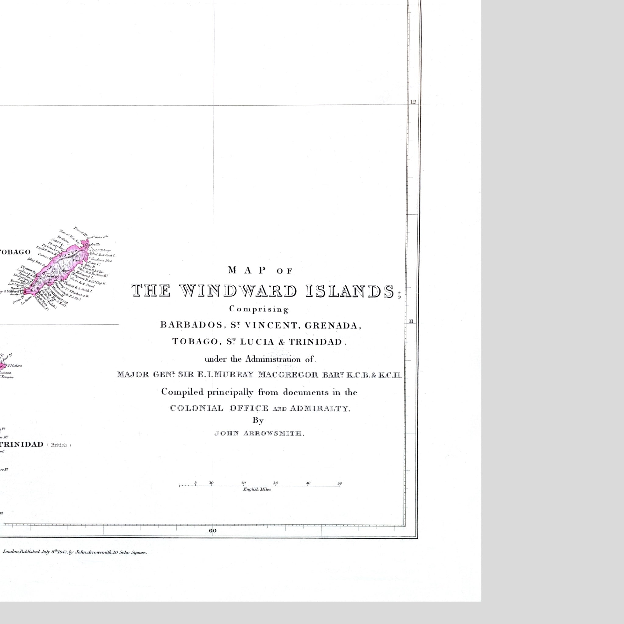 Windward-Inseln | Karibik | Karte von 1842 | Giclée Druck