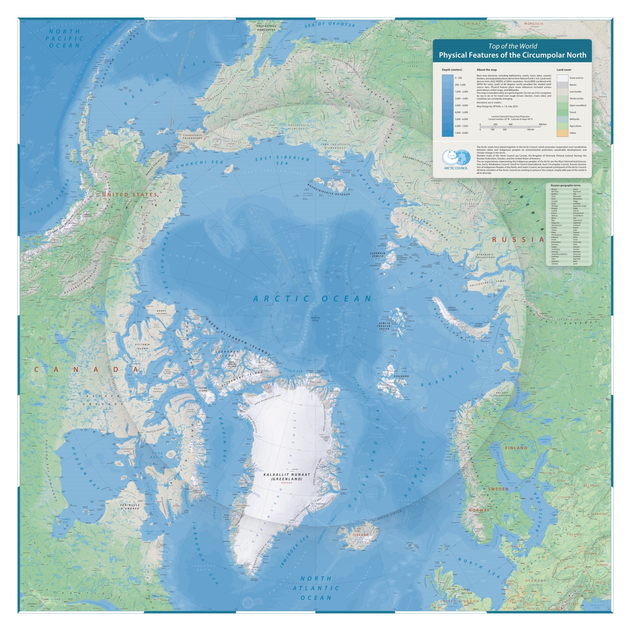 Arktis-Karte | 2025 | Giclée-Druck | Physische Karte der Nordpolarregion | Grönland