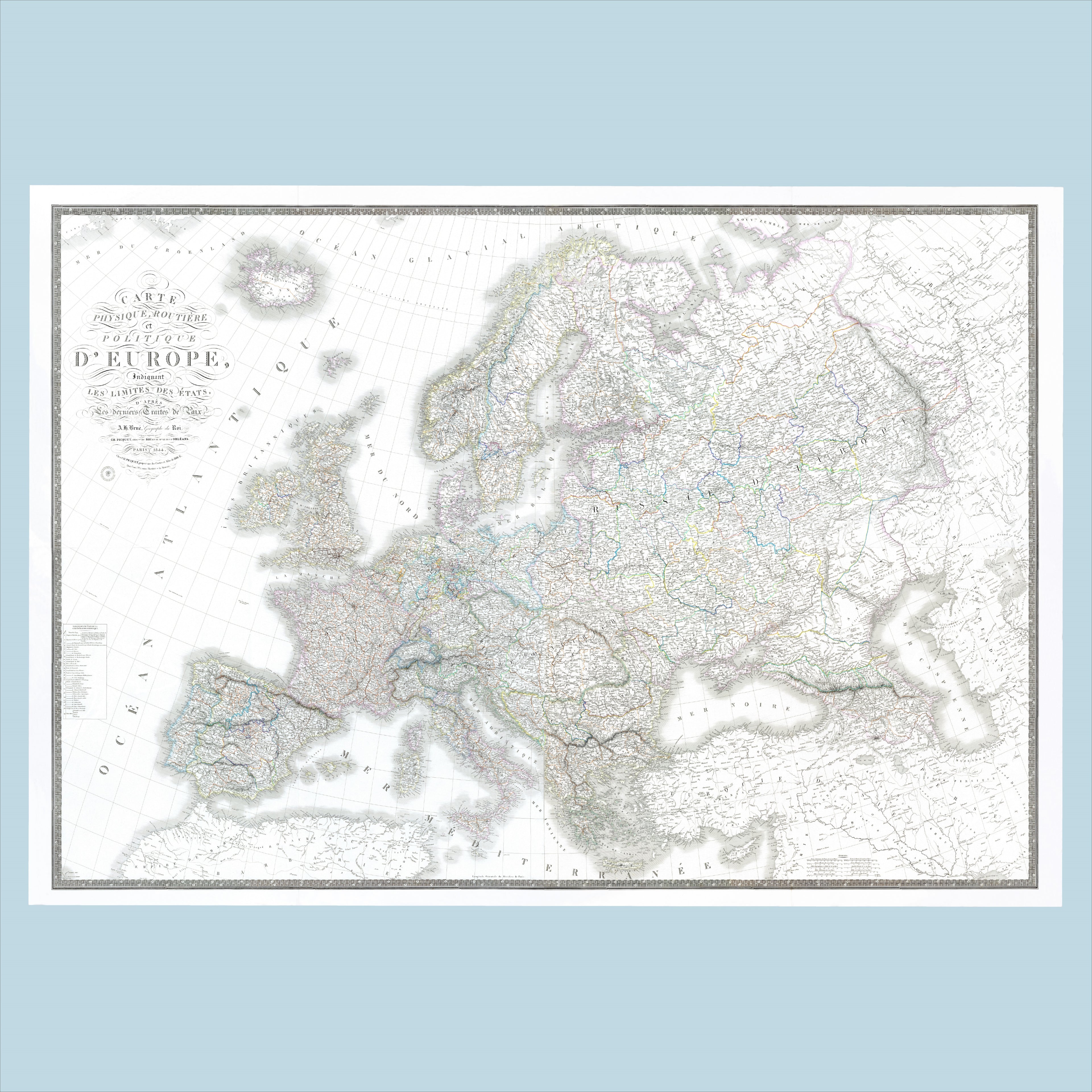 Europa Landkarte | Politische und Physische Landkarte Europas | Historische Kartographie | Giclée-Druck