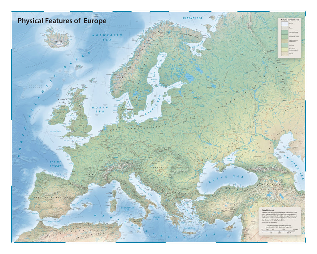 Europa Landkarte | Physische Landkarte Europas | Moderne Kartographie | Giclée-Druck
