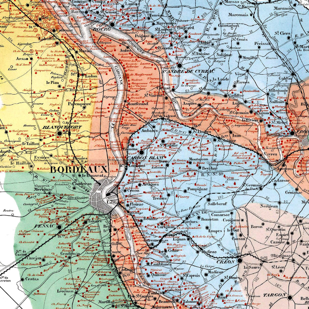 Bordeaux | Gironde| Frankreich | Weinbau | Weingüter | Karte von 1876 | Vintage Map