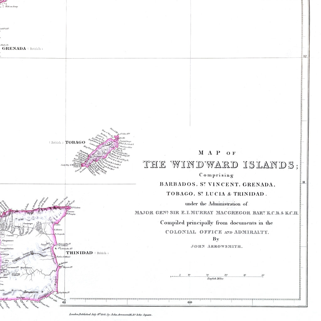 Windward-Inseln | Karibik | Karte von 1842 | Giclée Druck