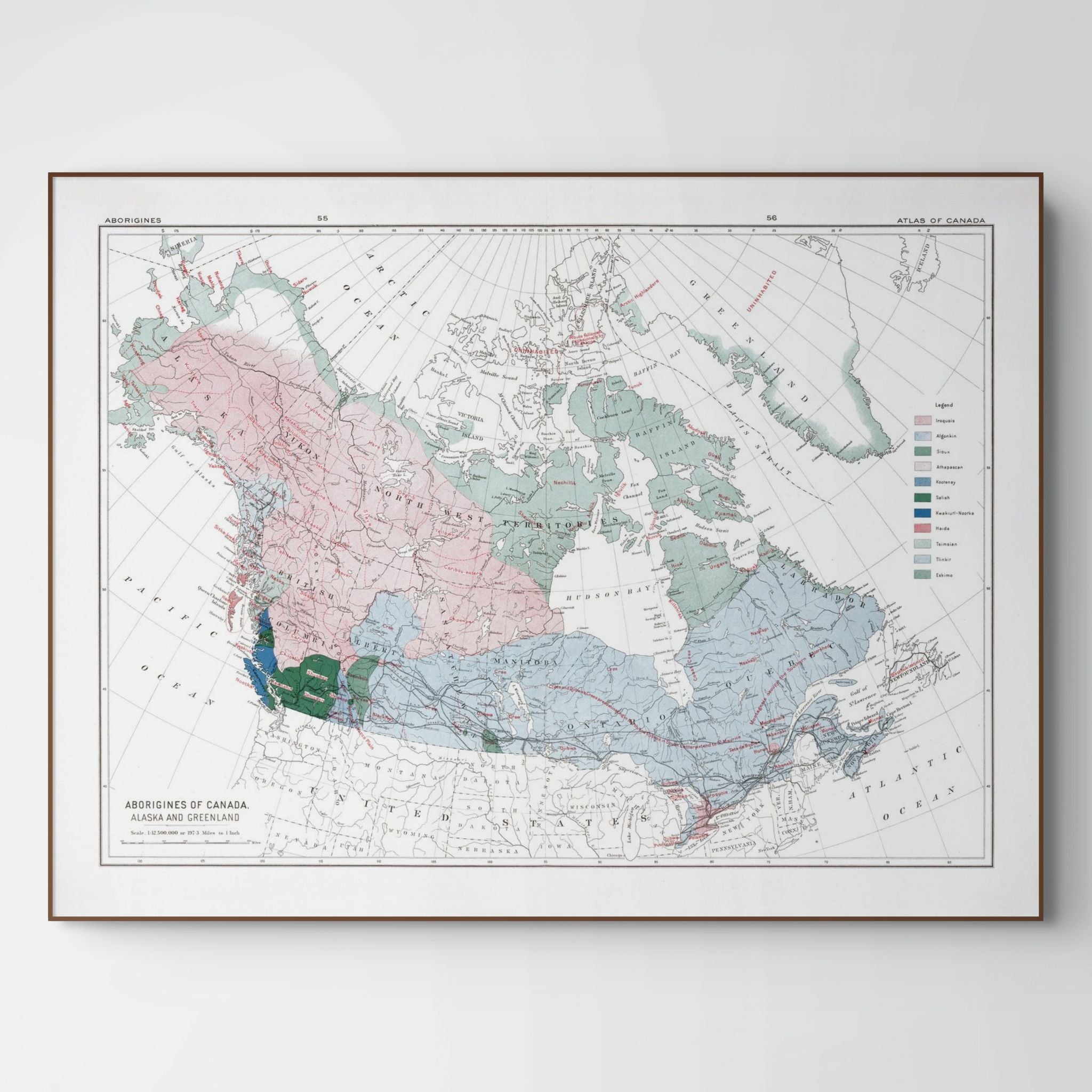 Ureinwohner Nordamerikas | Alaska | Grönland | Kanada | 1915 | Vintage Map