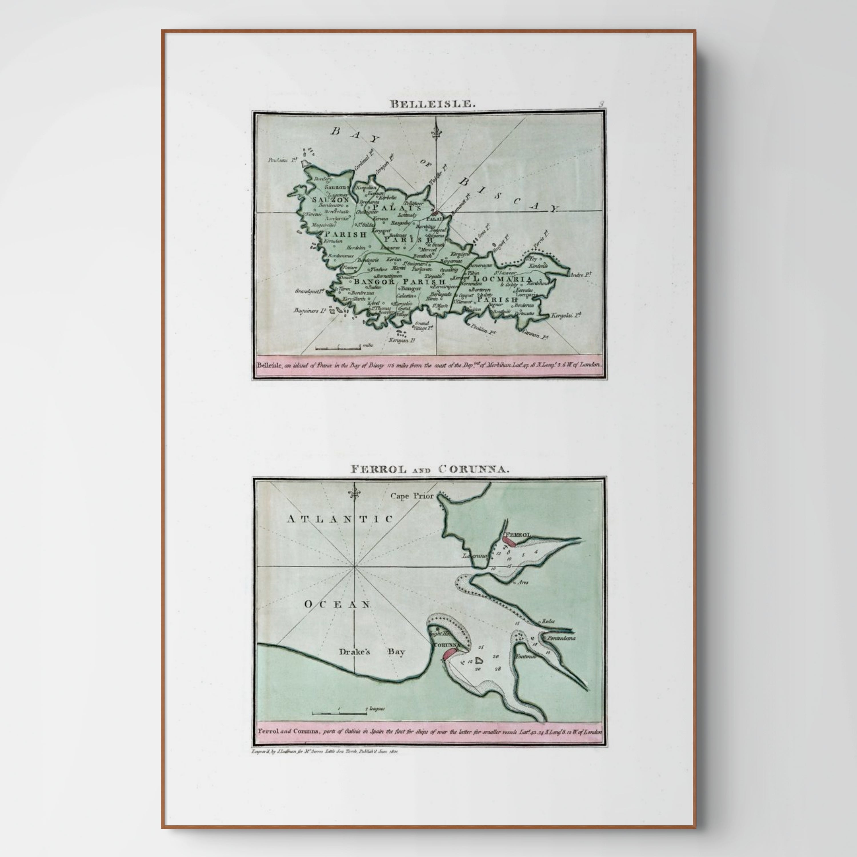 Seekarten-Atlas | Belleisle | Ferrol | A Coruña | Karte von 1801 | Giclée Druck