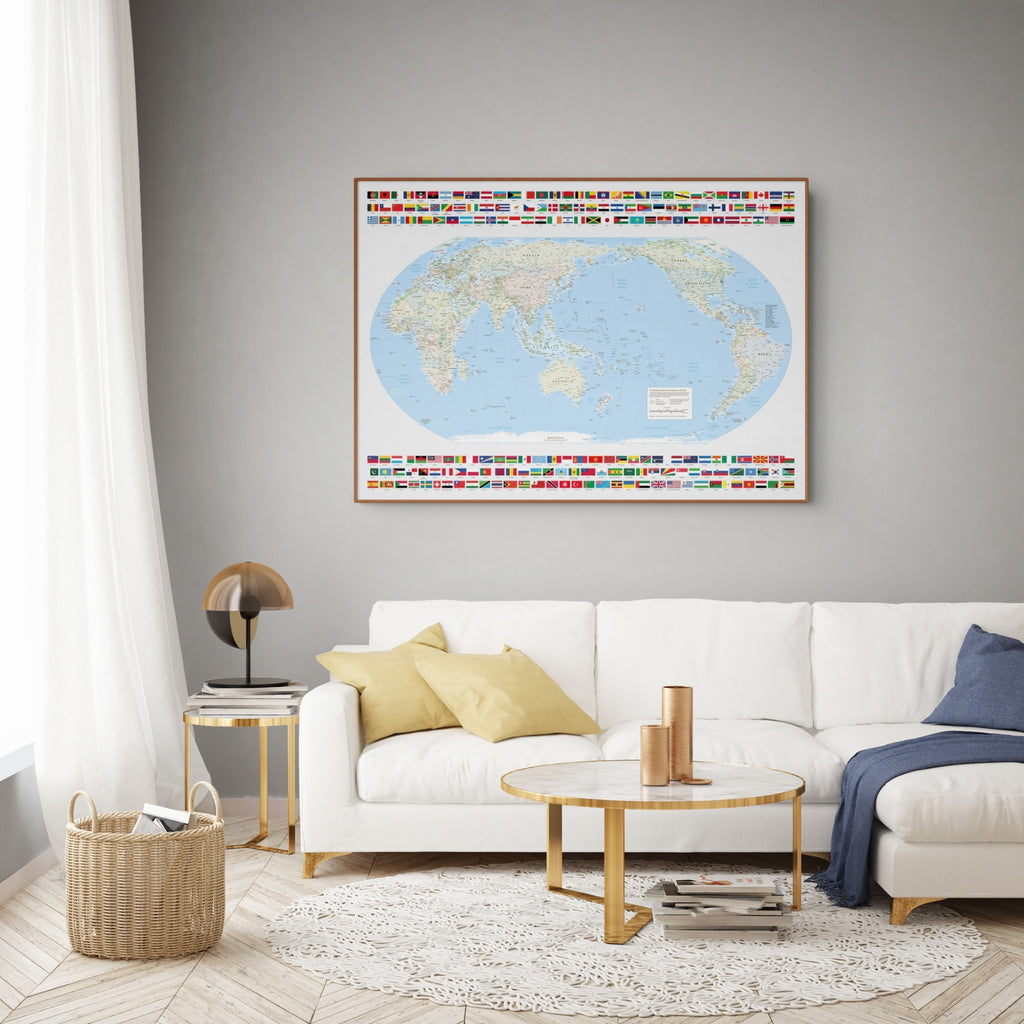 World Map Political, Meridian 150 Degrees East, Australia and East Asia, Equal Earth Projection, World, Map, Earth, Poster, Cartography
