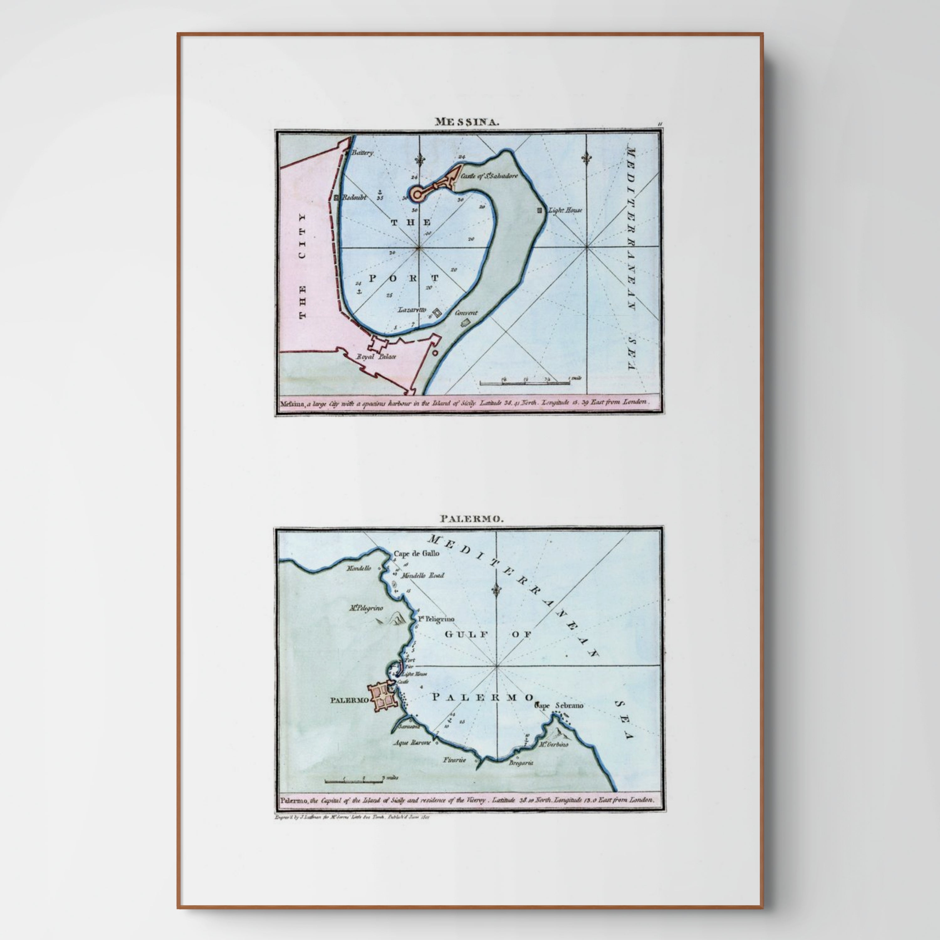 Seekarten-Atlas | Messina | Palermo | Karte von 1801 | Giclée Druck