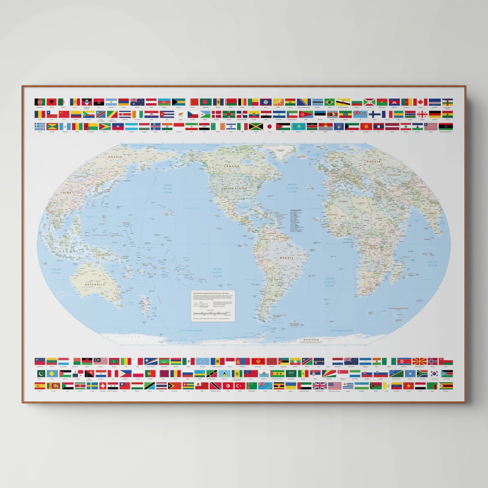 Political world map, 90 Degrees West Meridian America, Equal Earth Projection, World, Map, Earth, Poster, Cartography